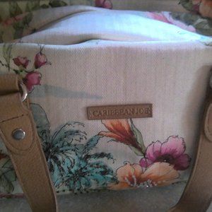 CARIBBEAN JOB MEDIUM FLORAL (PALM TREES, ETC)TOTE WITH LEATHER HANDLES